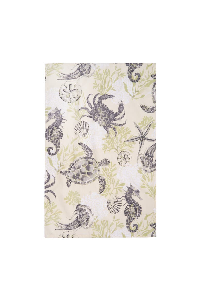 16" x 25" Cannon Beach Seahorse Crab Coral Sand Dollar Themed Kitchen Dishtowel, Main, color, Green