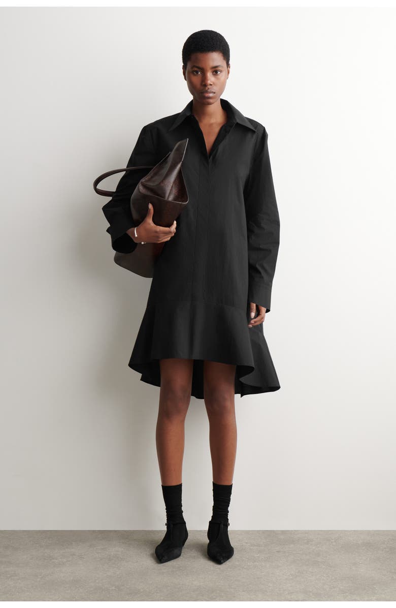 COS Flared Cotton Mini Shirt Dress, Main, color, Black