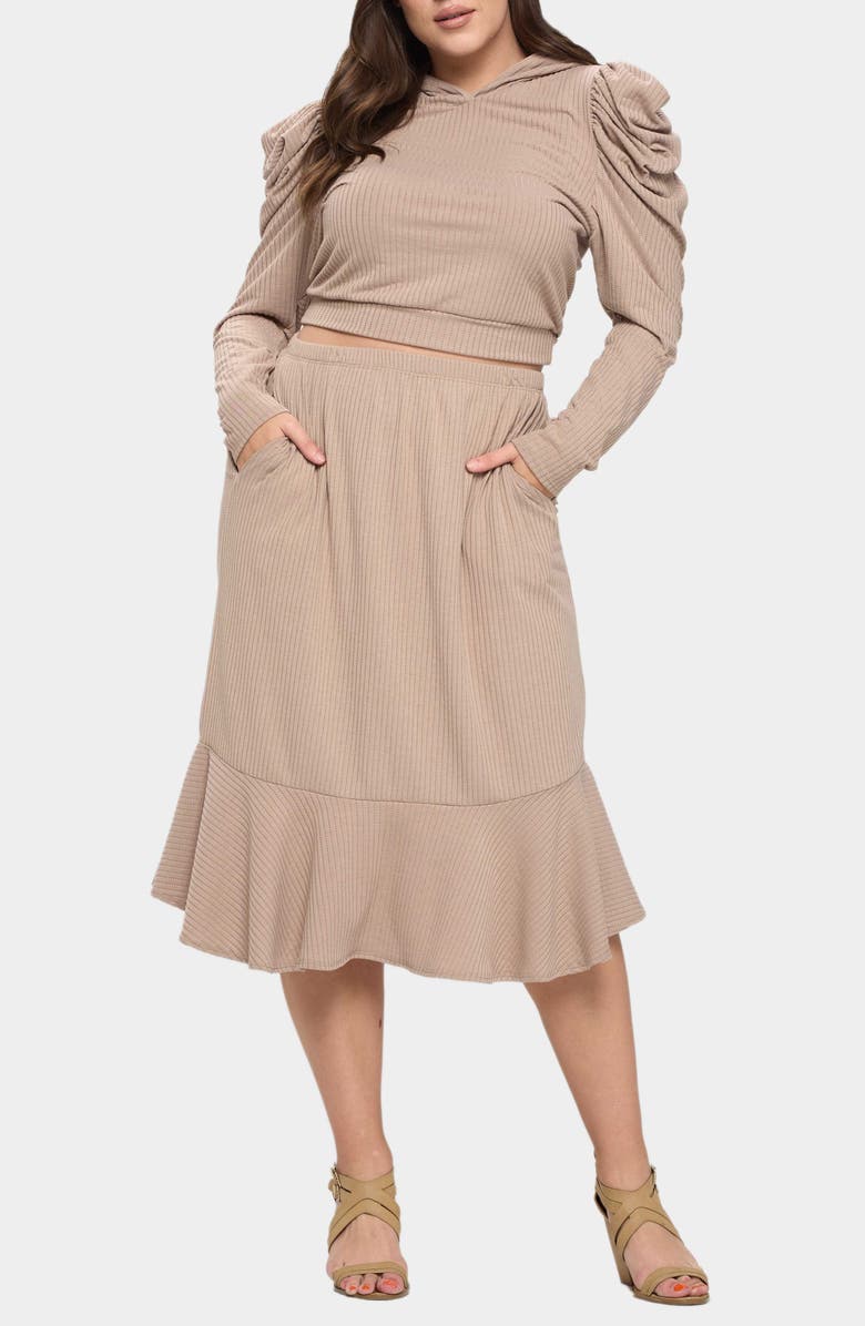 L I V D Carmen Rib Hooded Crop Top & Skirt, Main, color, Kahki