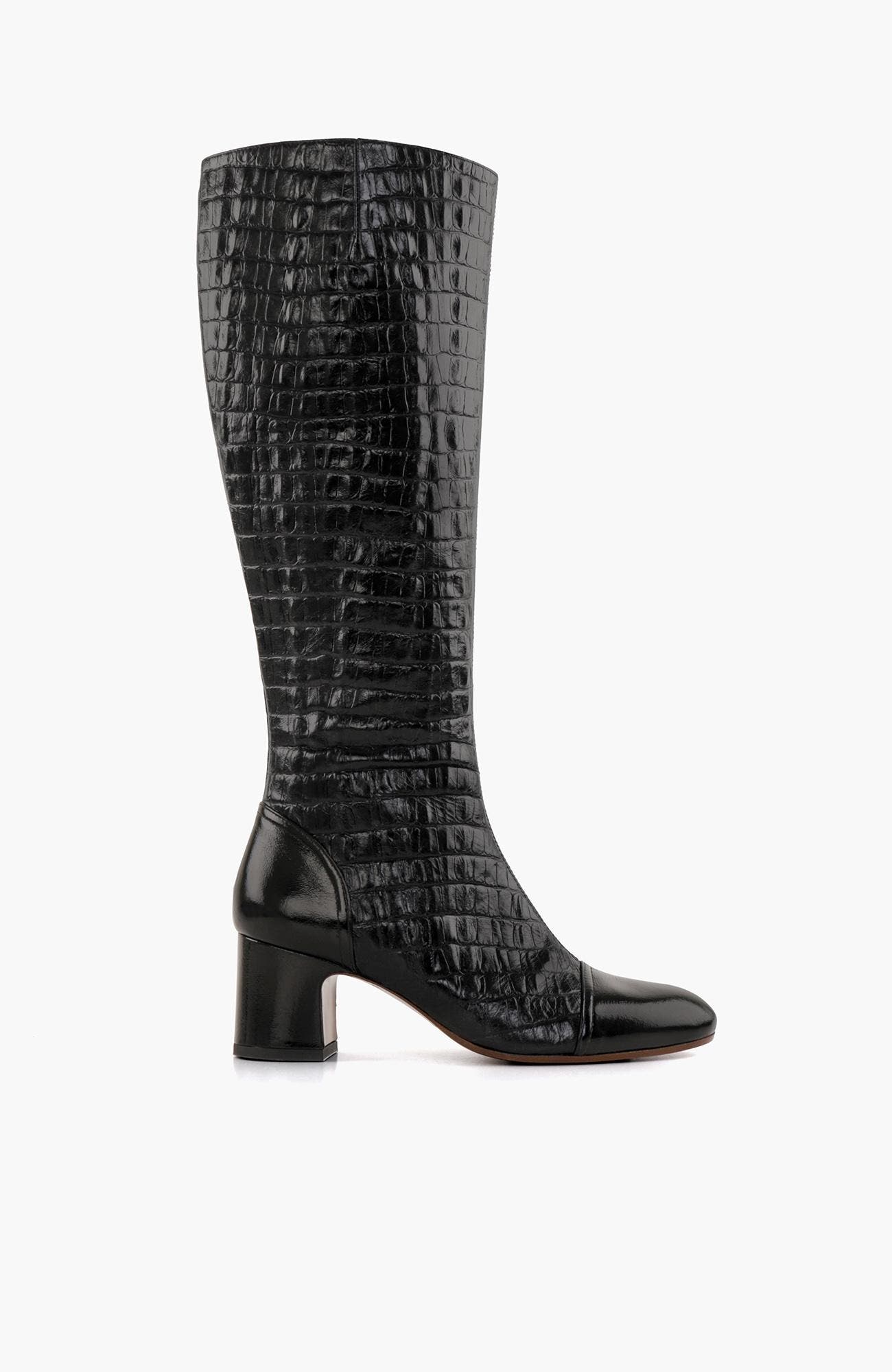 NISHAWA Crocodile-Embossed Patent Leather High Boots, Main, color, Black
