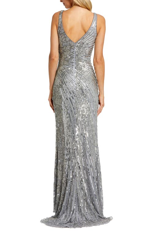 Mac Duggal Beaded Floral Sleeveless Gown In Silver