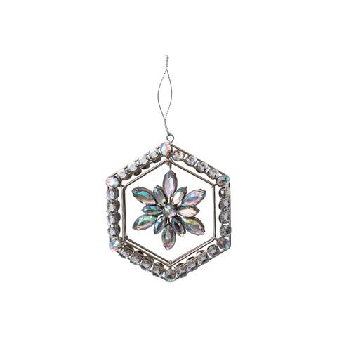 Metal and Acrylic Jewel Snowflake Ornament with Hexagon Frame, Silver Finish