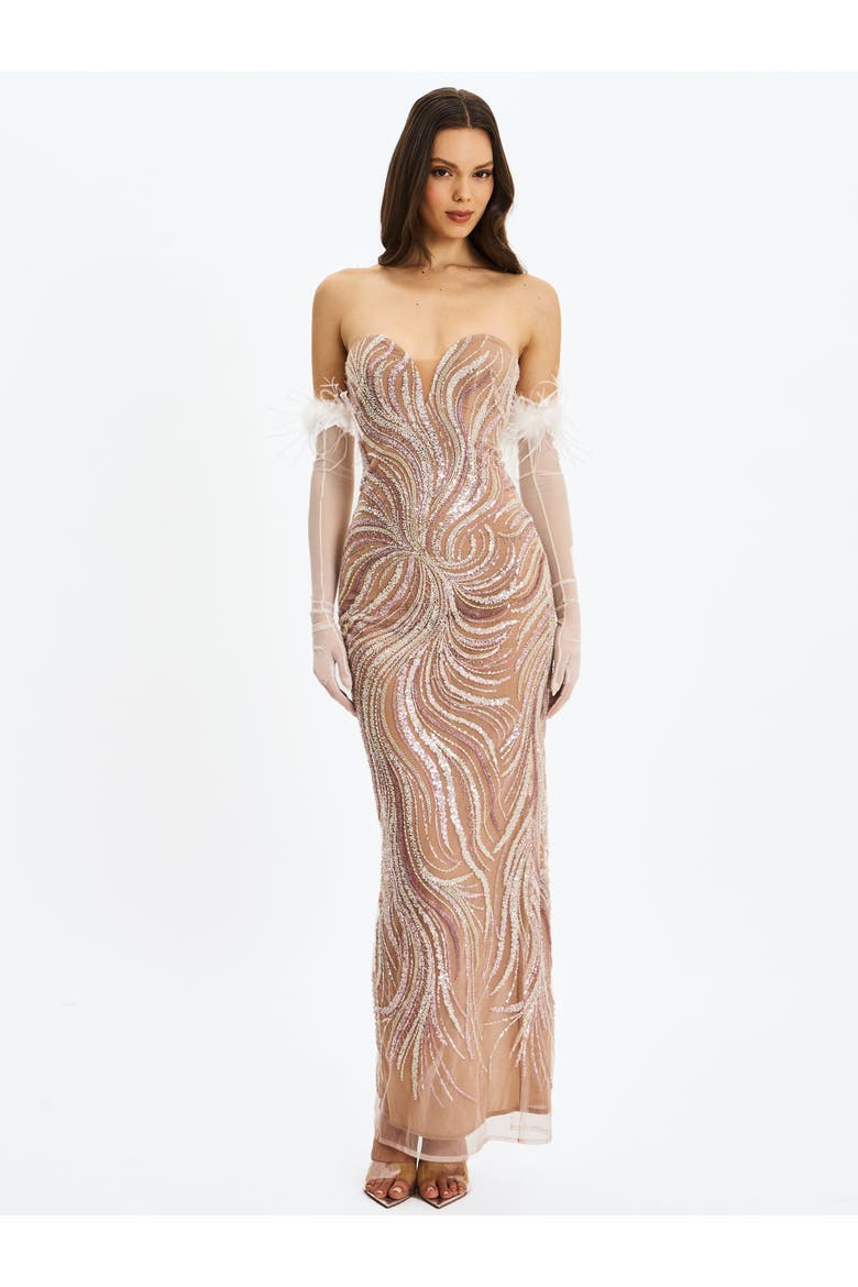 Quinci Beaded Sequin Sweetheart Maxi Dress, Alternate, color, Apricot
