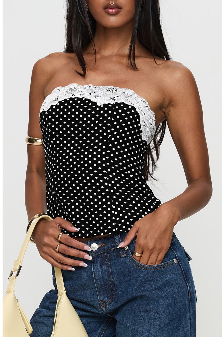 Ettore Lace Trim Polka Dot Strapless Top, Main, color, BLACK POLKA