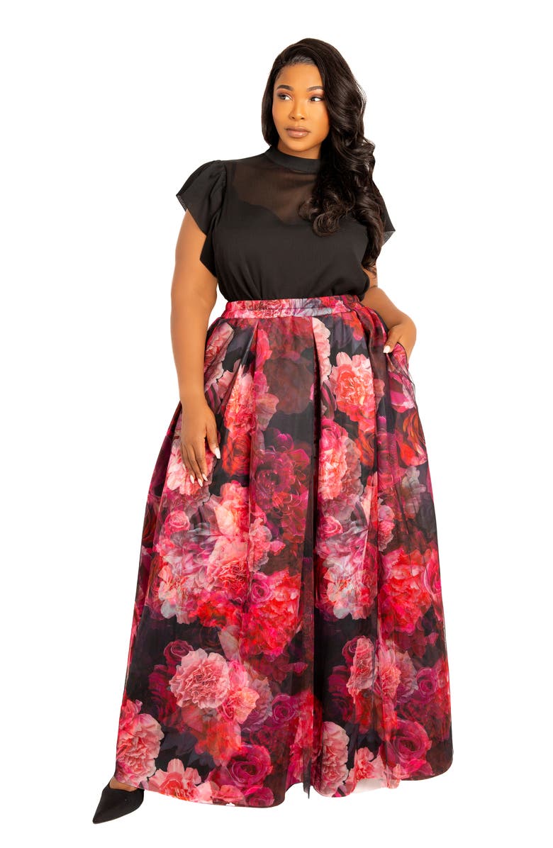 BUXOM COUTURE Floral Print Scuba Knit & Organza Maxi Skirt, Alternate, color, Black Multi