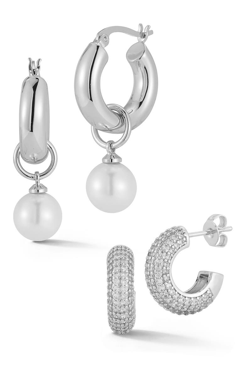 Set of 2 Pavé Cubic Zirconia & Faux Pearl Drop Huggie Hoop Earrings, Main, color, SILVER