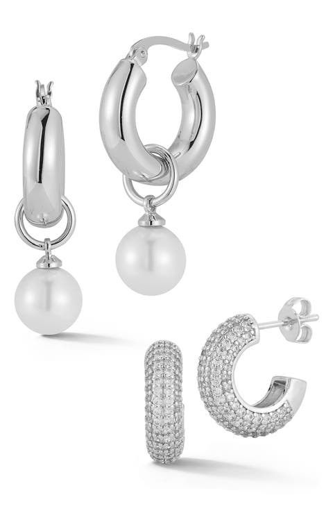 Set of 2 Pavé Cubic Zirconia & Faux Pearl Drop Huggie Hoop Earrings