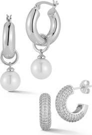 GLAZE JEWELRY Set of 2 Pavé Cubic Zirconia & Faux Pearl Drop Huggie Hoop Earrings