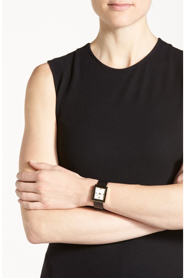 'Buddy Classic' Rectangular Saffiano Leather Strap Watch, 26mm x 32mm, Alternate, color, BLACK/ GOLD