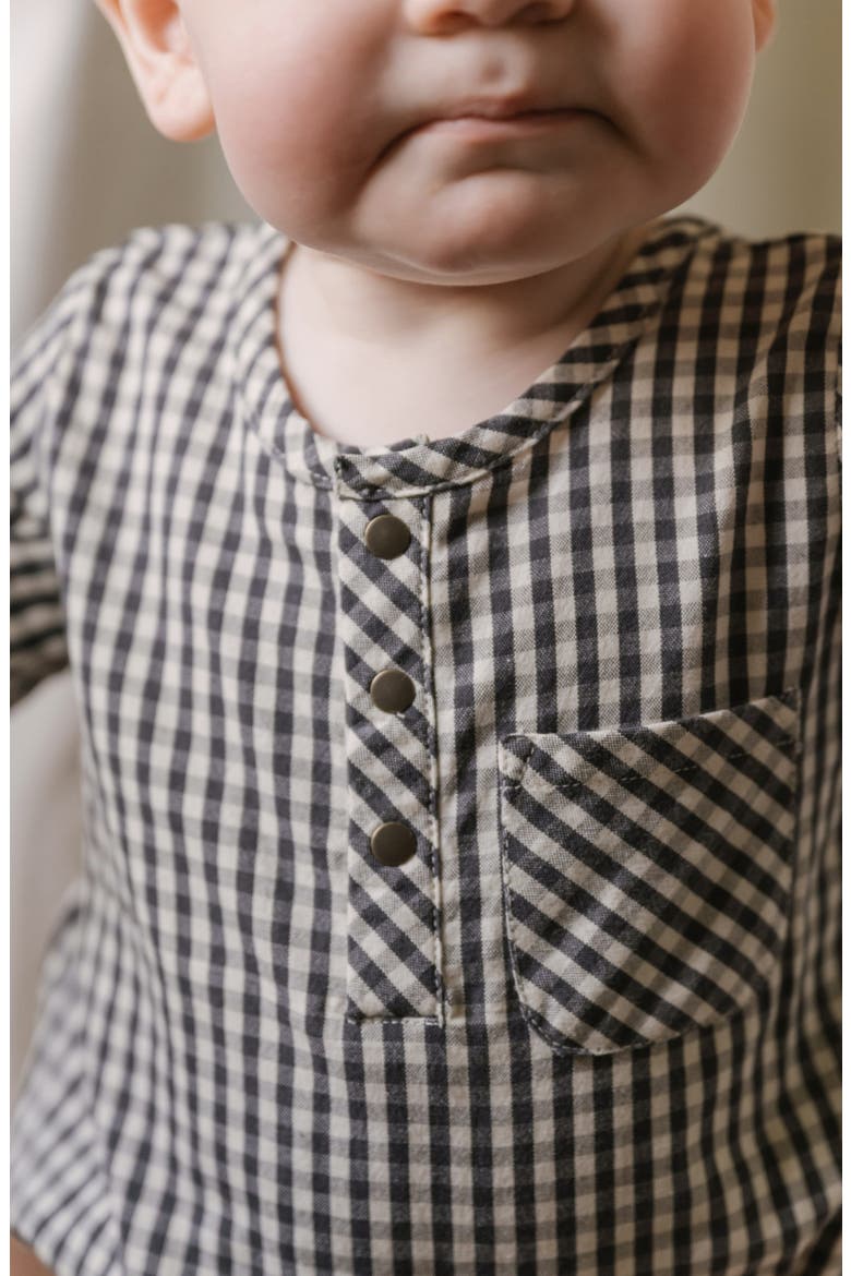 Gingham Check Long Sleeve Organic Cotton Bodysuit, Alternate, color, INDIGO