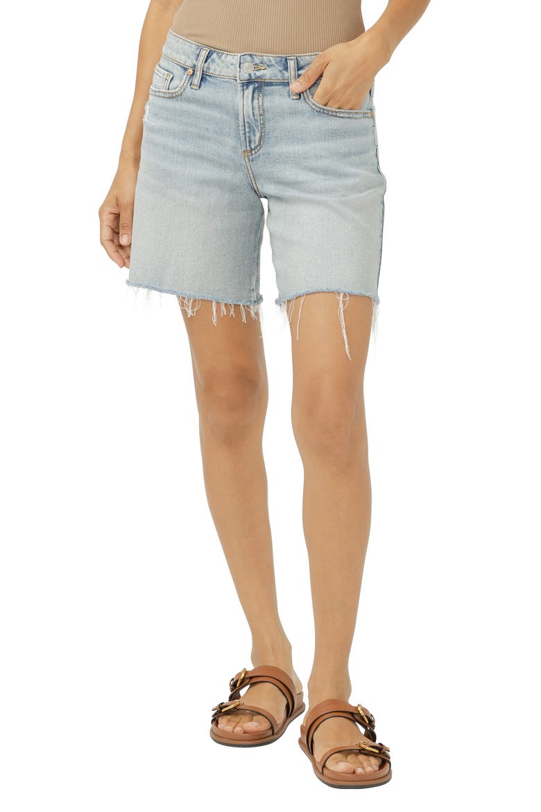 Suki Raw Hem Mid Thigh Denim Shorts, Main, color, PALMA