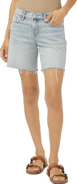 Silver Jeans Co. Suki Raw Hem Mid Thigh Denim Shorts