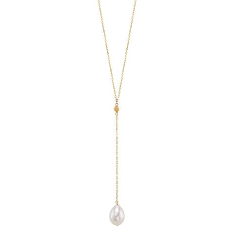 14K Gold Freshwater Pearl Tincup Lariat Necklace Pendant