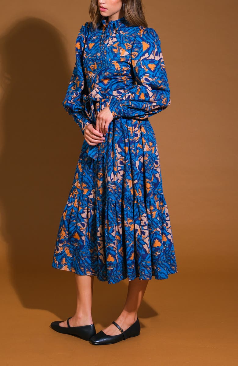 FLYING TOMATO Print Long Sleeve Cotton Midi Shirtdress, Alternate, color, Blue Rust