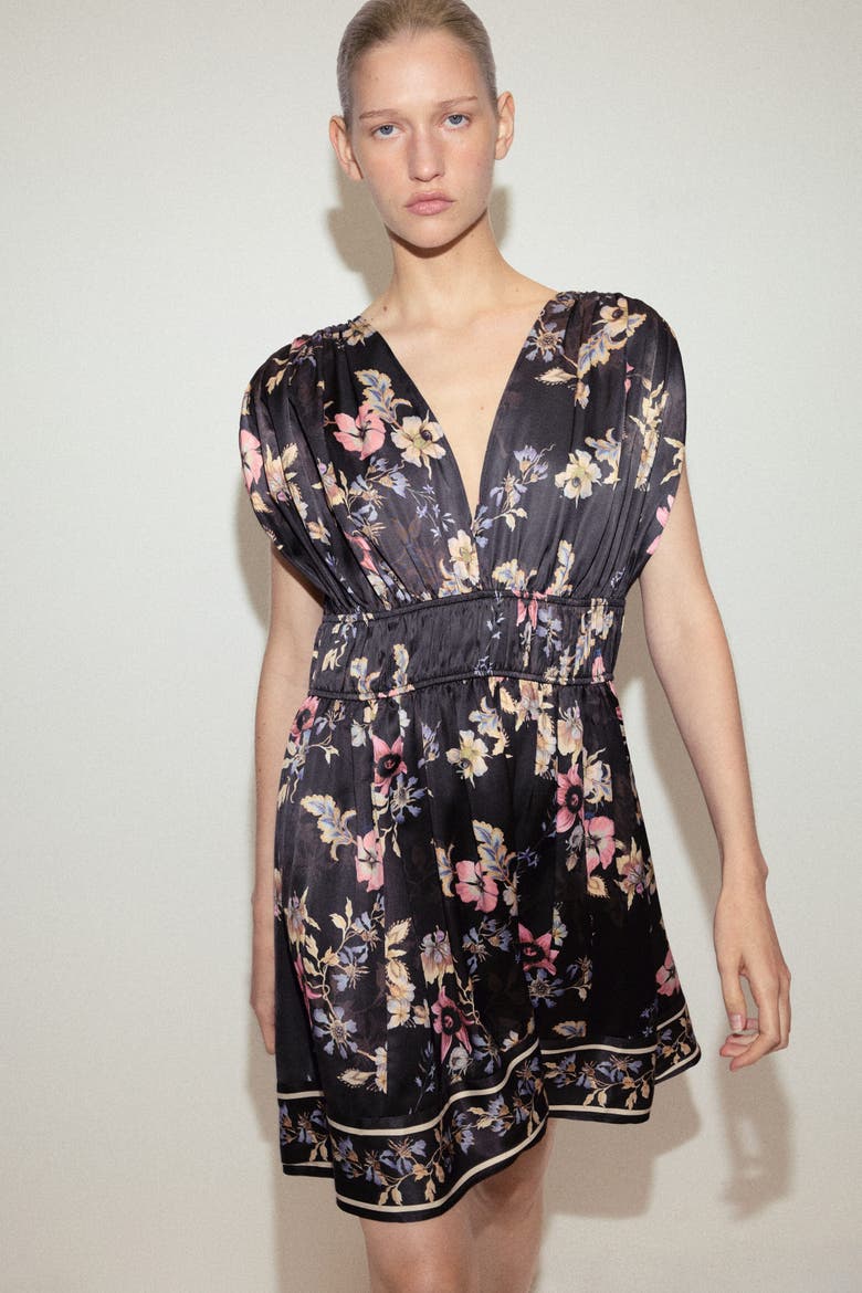Draped Tie-detail Dress, Alternate, color, Black/floral