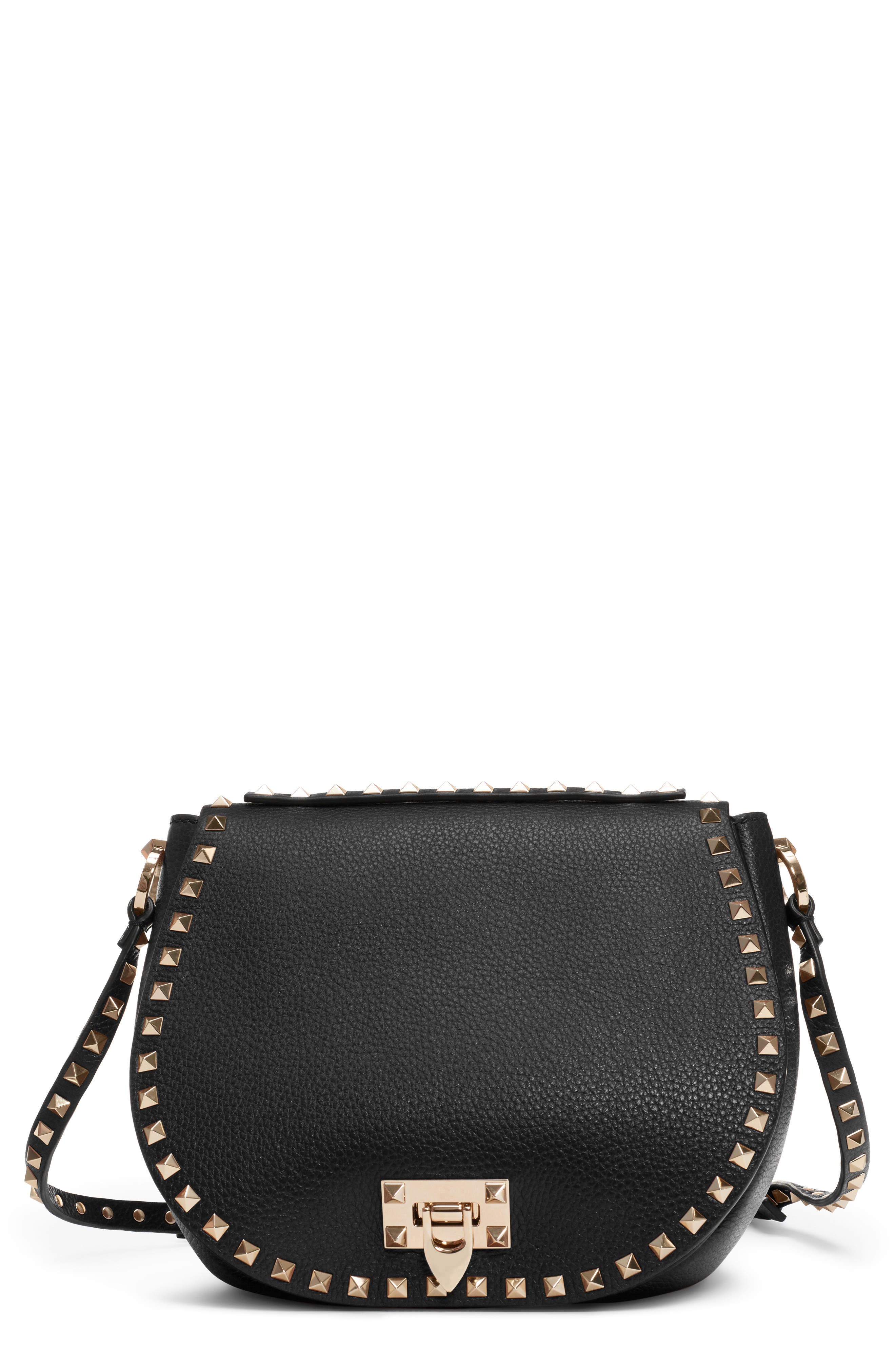 Valentino Garavani Small Rockstud Leather Saddle Bag, Main, color, 
