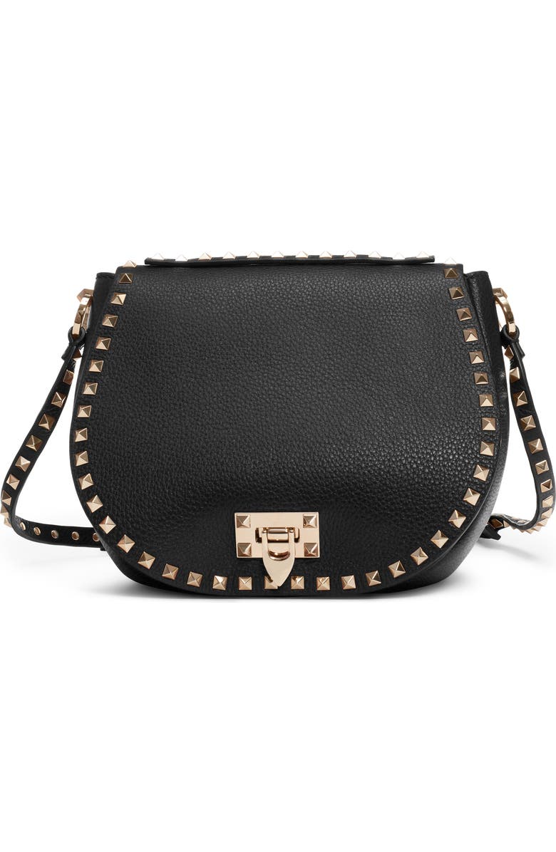 Valentino Garavani Small Rockstud Leather Saddle Bag, Main, color,