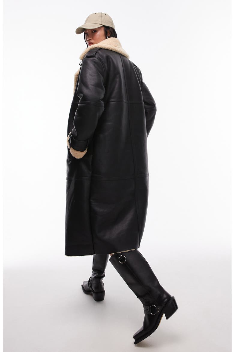 Oversize High Pile Fleece Lined Faux Leather Aviator Coat, Alternate, color, BLACK