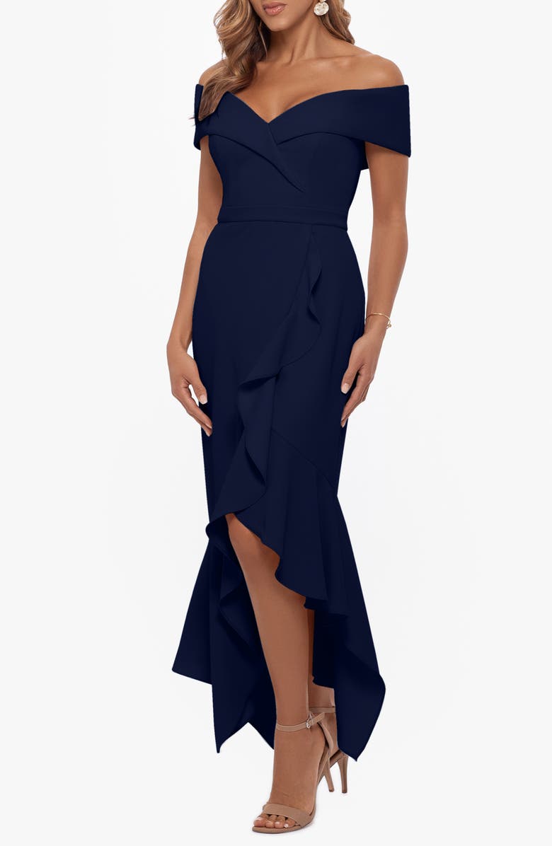 Xscape Evenings Off the Shoulder Handkerchief Hem Cocktail Dress, Alternate, color,