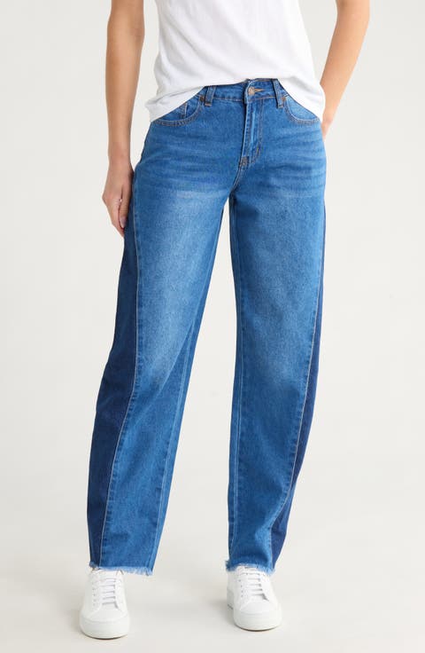 Two Tone Frayed Hem Barrel Jeans