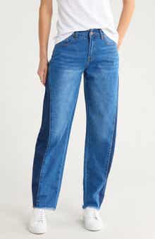 FLYING ANGEL Two Tone Frayed Hem Barrel Jeans
