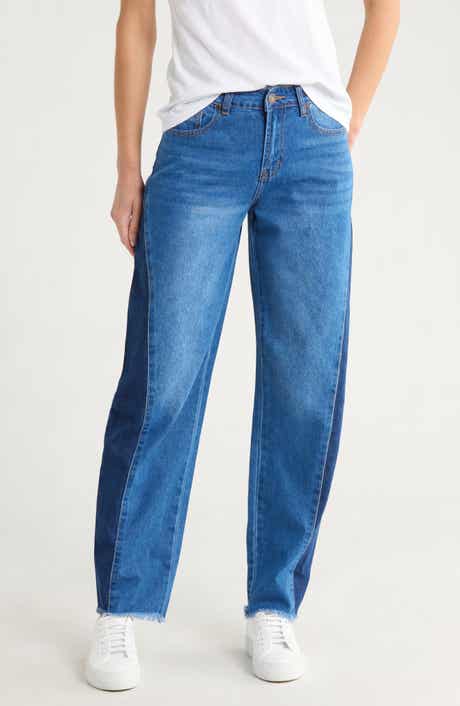 FLYING ANGEL Two Tone Frayed Hem Barrel Jeans