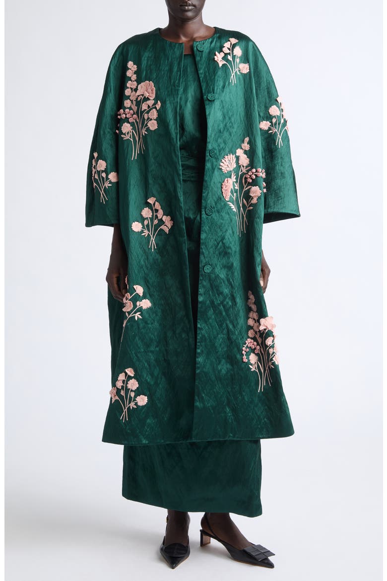 Embroidered Textured Satin Coat, Main, color, FOREST GREEN
