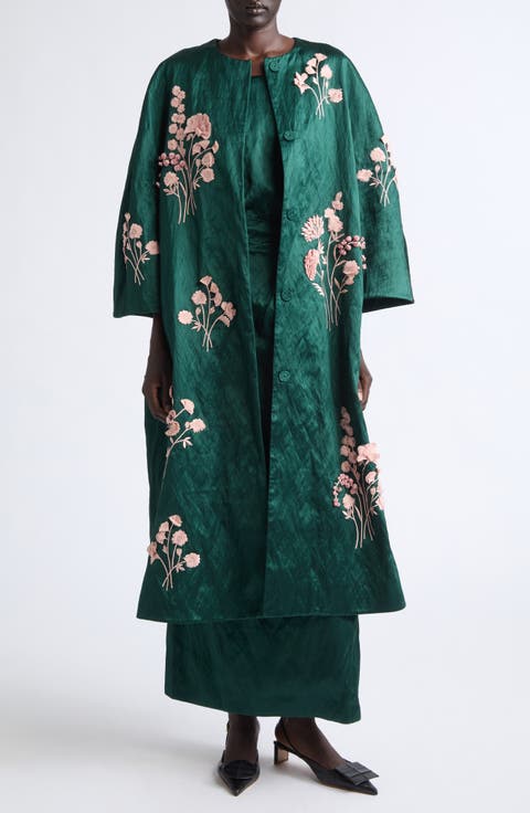 Embroidered Textured Satin Coat