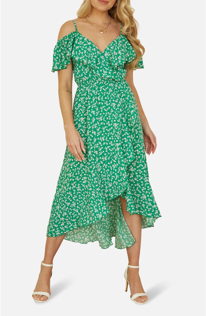 Yumi Ditsy Print Bardot Midi Dress, Alternate, color, Green