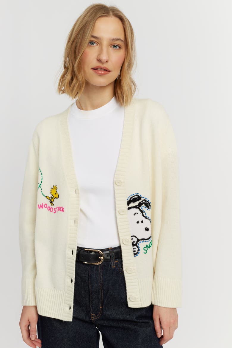 Wool-Cashmere Snoopy Embroidered Cardigan, Alternate, color, Cream