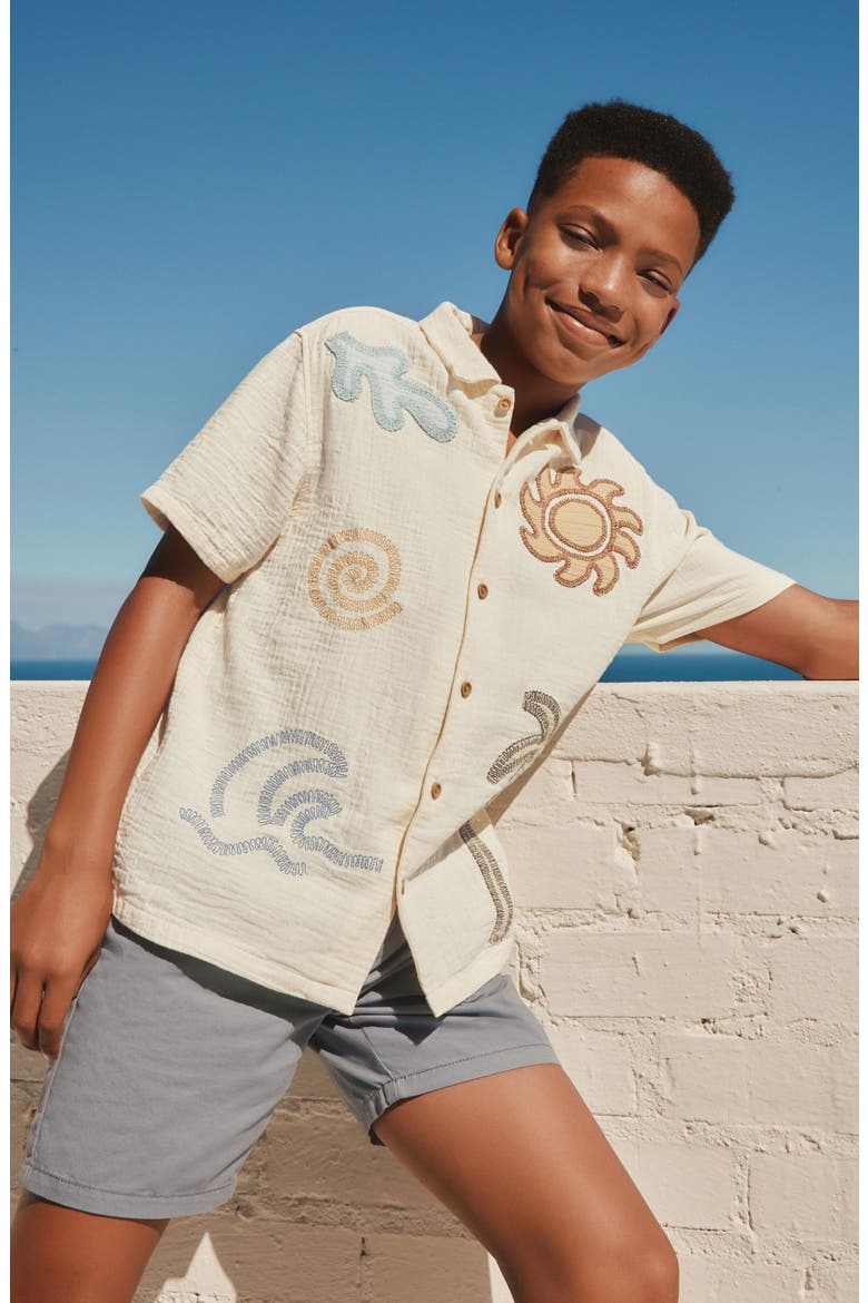 Kids' Beach Embroidered Short Sleeve Cotton Button-Up Shirt, Alternate, color, NEUTRAL