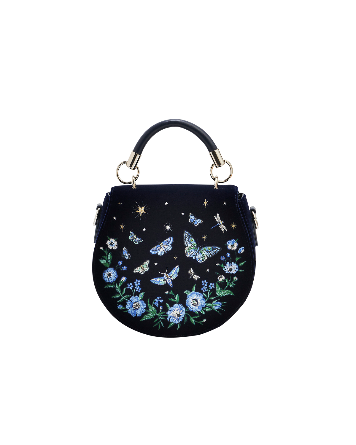 Charlotte Butterfly Embroidered Velvet Saddle Purse, Main, color, Navy