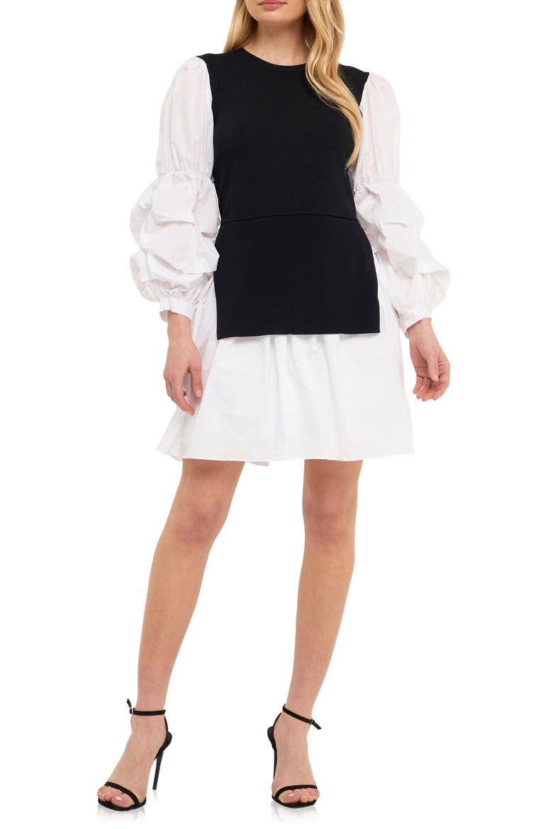 Mixed Media Long Sleeve Minidress, Main, color, BLACK/ WHITE