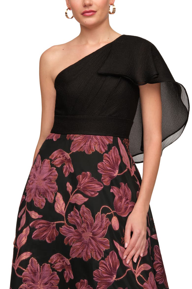Winifred One-Shoulder Metallic Floral Jacquard Mixed Media Organza Gown, Alternate, color, BLACK MULTI