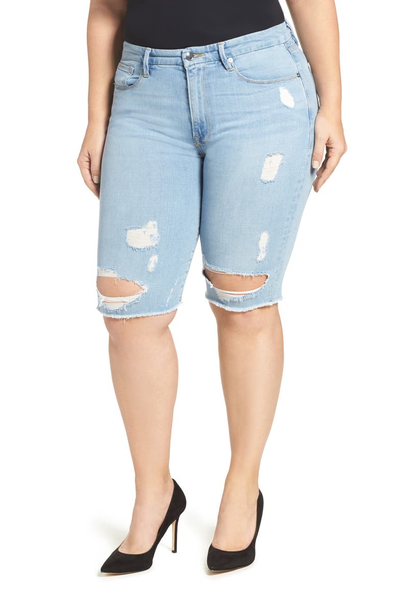 Destroyed Denim Bermuda Shorts, Main, color, BLUE 039