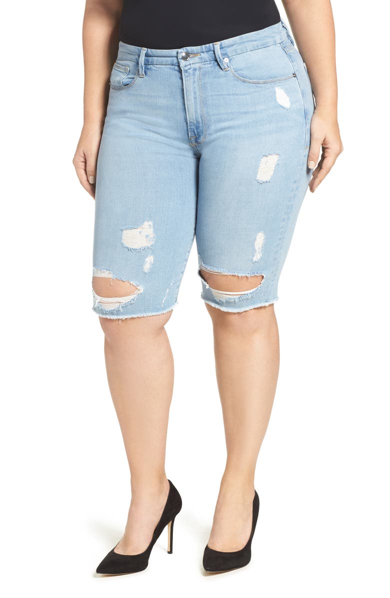Good American Destroyed Denim Bermuda Shorts, Main, color,