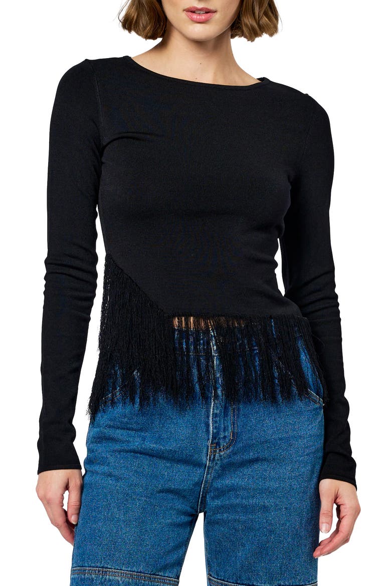 Luna Fringed Long Sleeve Top, Main, color, BLACK
