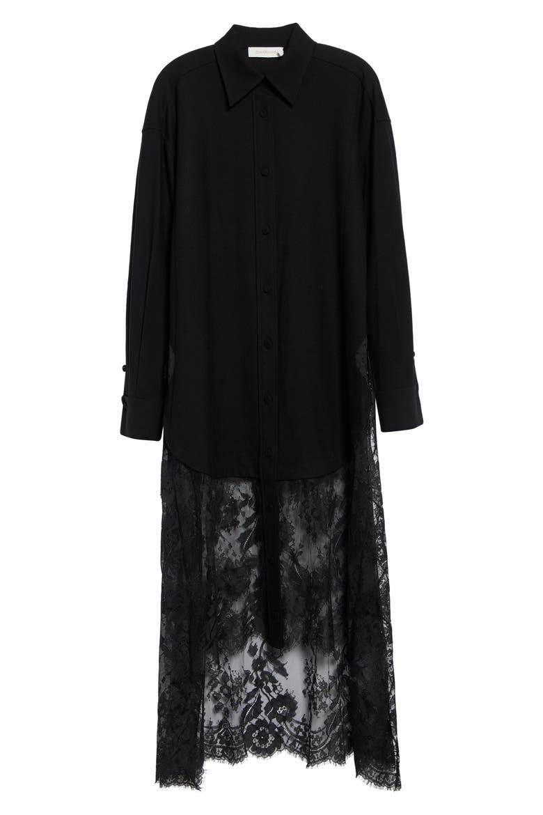 Valiant Lace Trim Longline Stretch Wool Button-Up Shirt, Main, color, BLACK