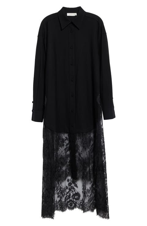 Valiant Lace Trim Longline Stretch Wool Button-Up Shirt