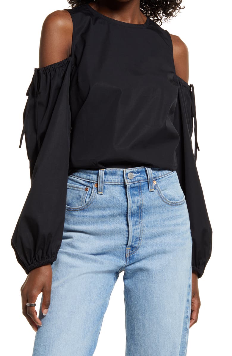 Open Edit Cold Shoulder Cotton Poplin Shirt, Main, color,