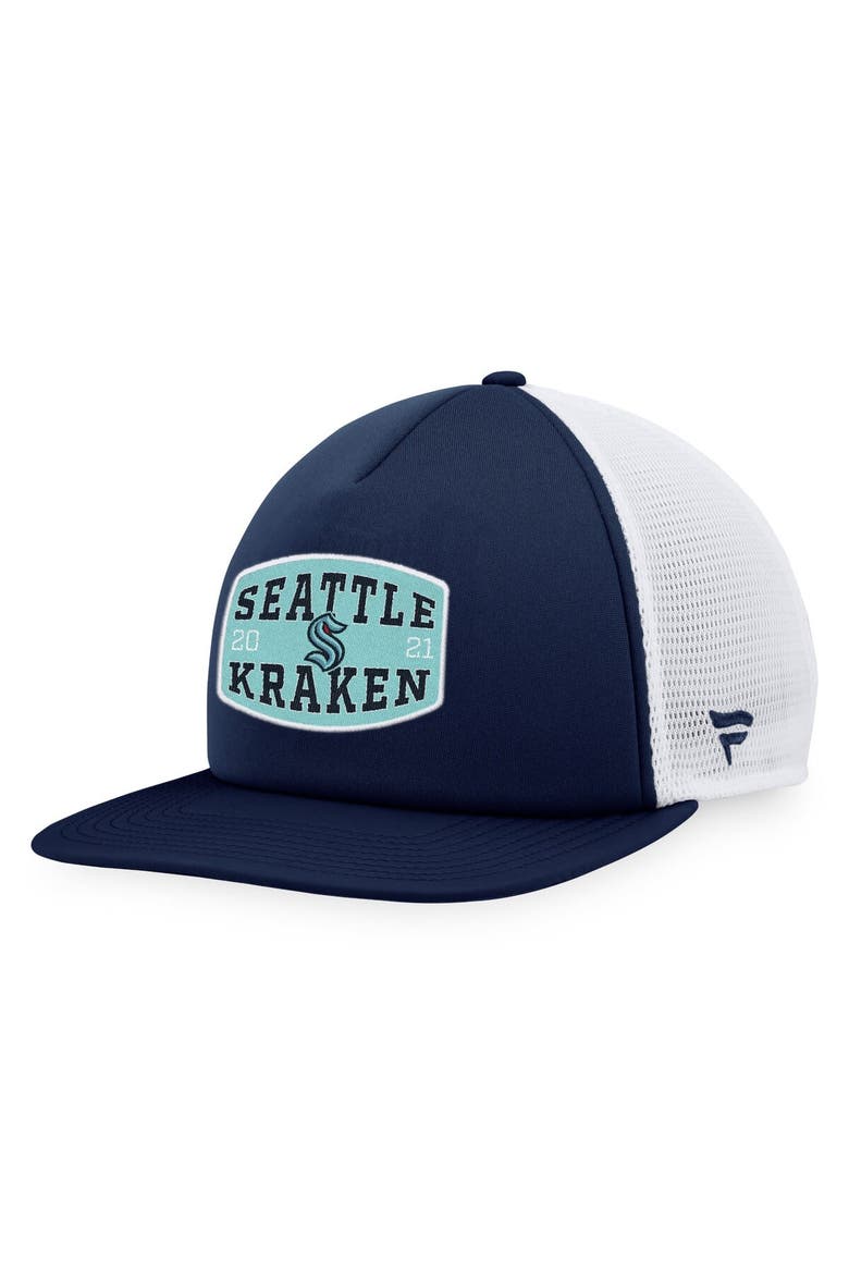 Men's Fanatics Branded Deep Sea Blue/White Seattle Kraken Foam Front Patch Trucker Snapback Hat, Main, color, Navy