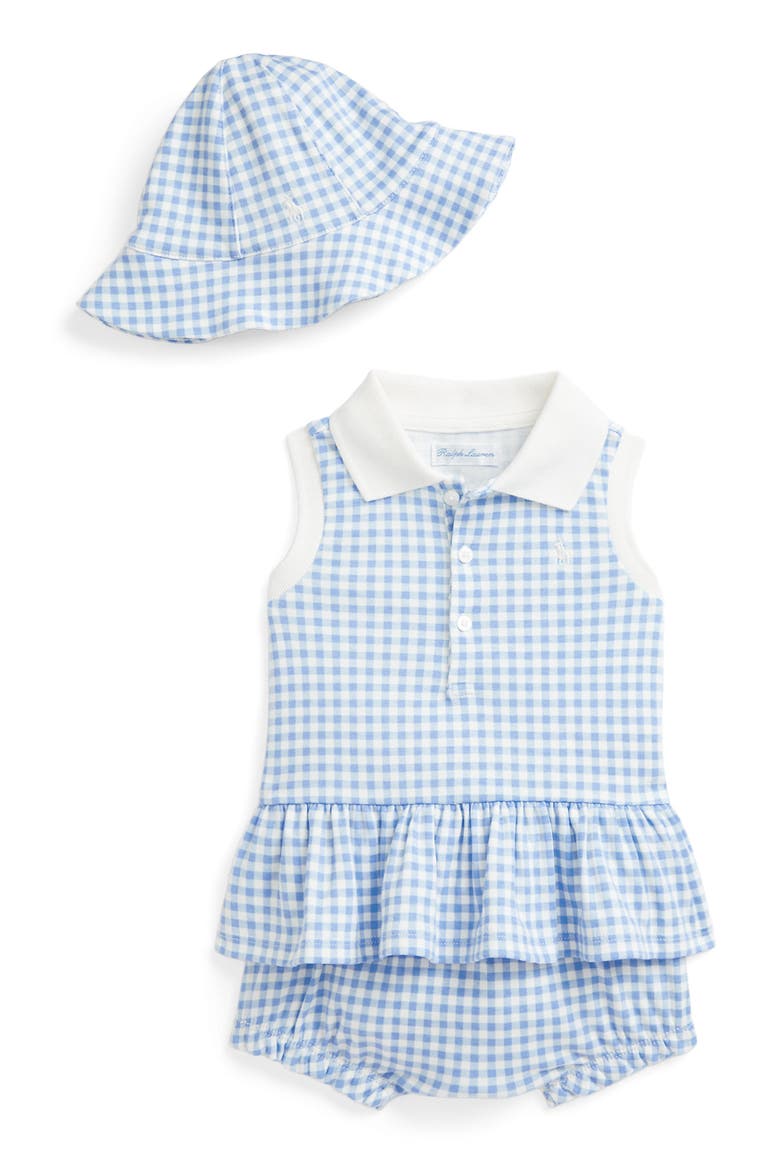 Cotton Gingham Polo, Bloomers & Sun Hat Set, Main, color, BLUE BABY GINGHAM W/ NEVIS PP
