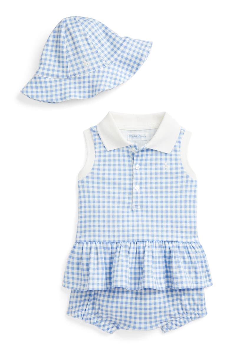 Ralph Lauren Cotton Gingham Polo, Bloomers & Sun Hat Set, Main, color,