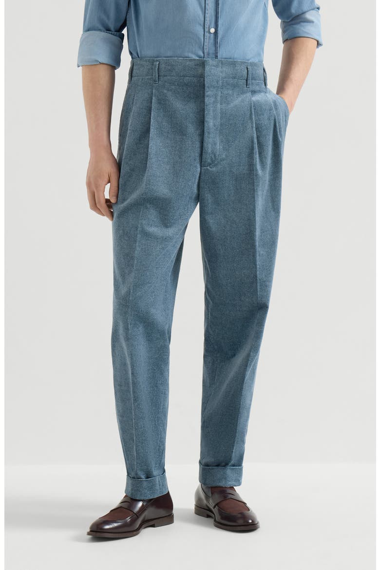 Denim-effect cotton velvet trousers with double pleats, Main, color, Cerulean