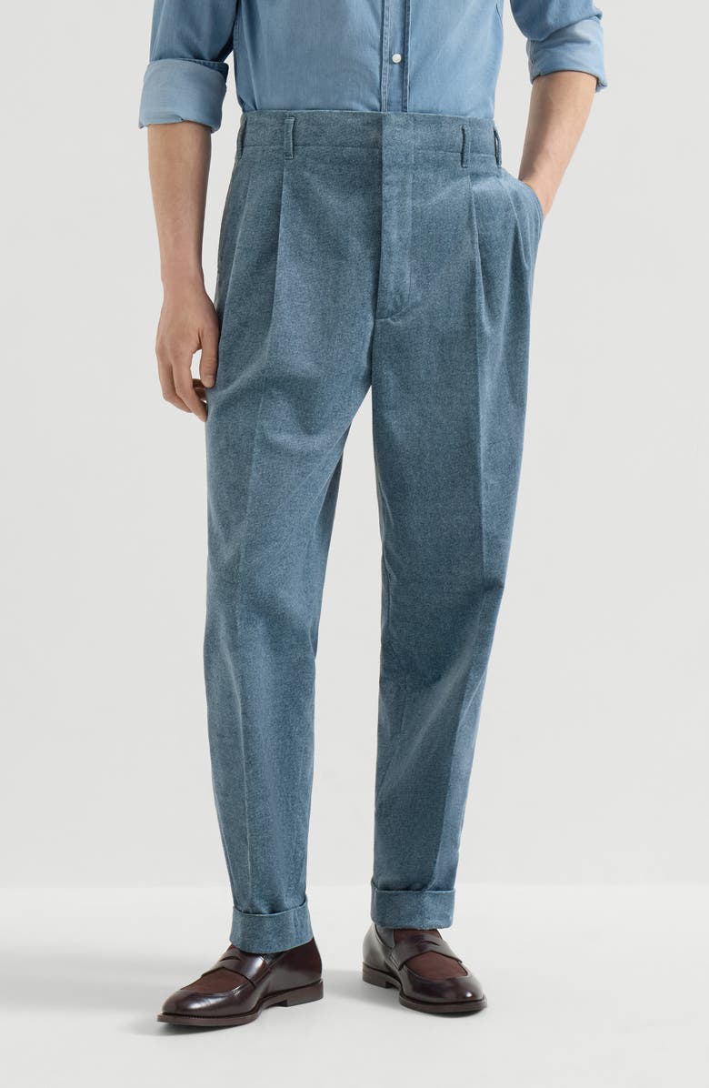 Brunello Cucinelli Denim-effect cotton velvet trousers with double pleats, Main, color, Cerulean