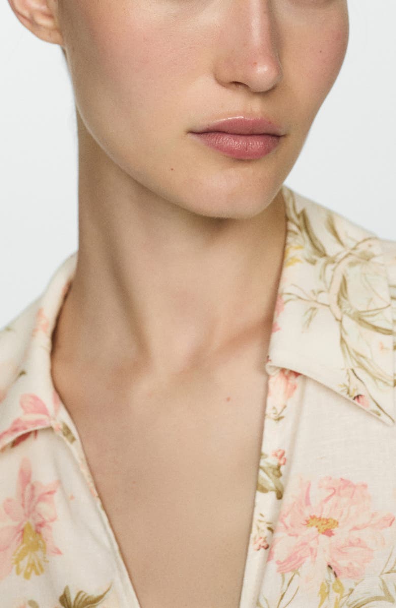 MANGO Floral Long Sleeve Linen Blend Wrap Top, Alternate, color, Vanilla