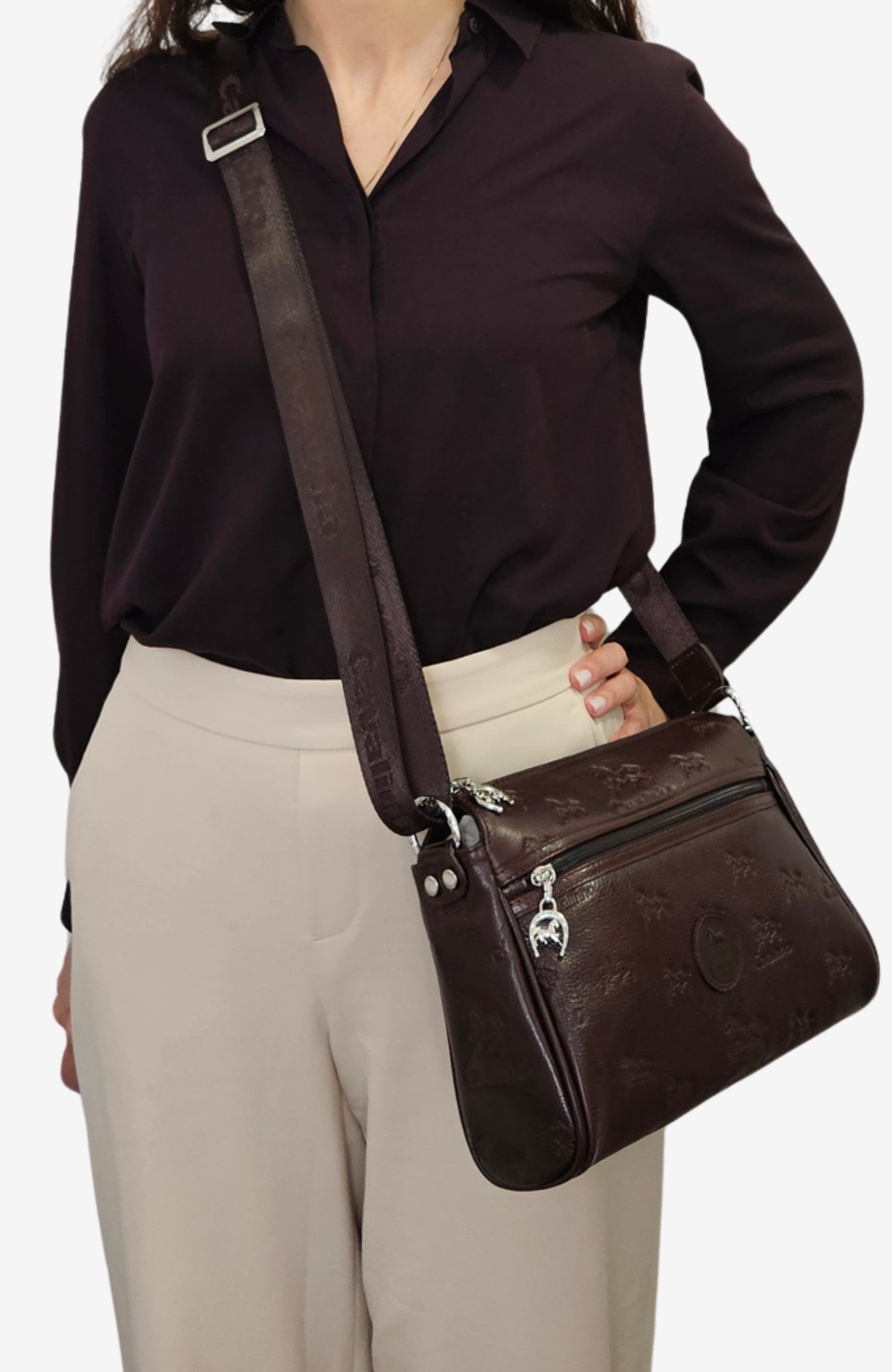Cavalo Lusitano Embossed Leather Crossbody Bag 373, Alternate, color, Brown