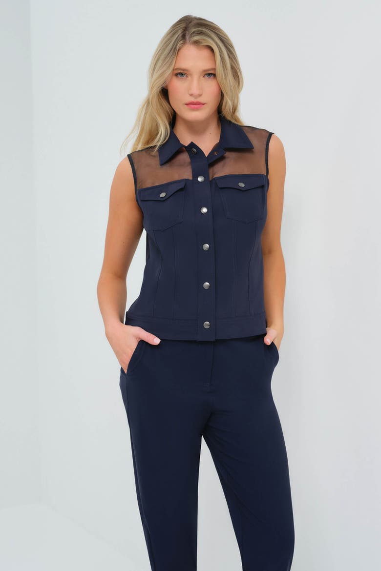 Lenox Organza & Performance Twill Sleeveless Trucker Vest, Main, color, Navy