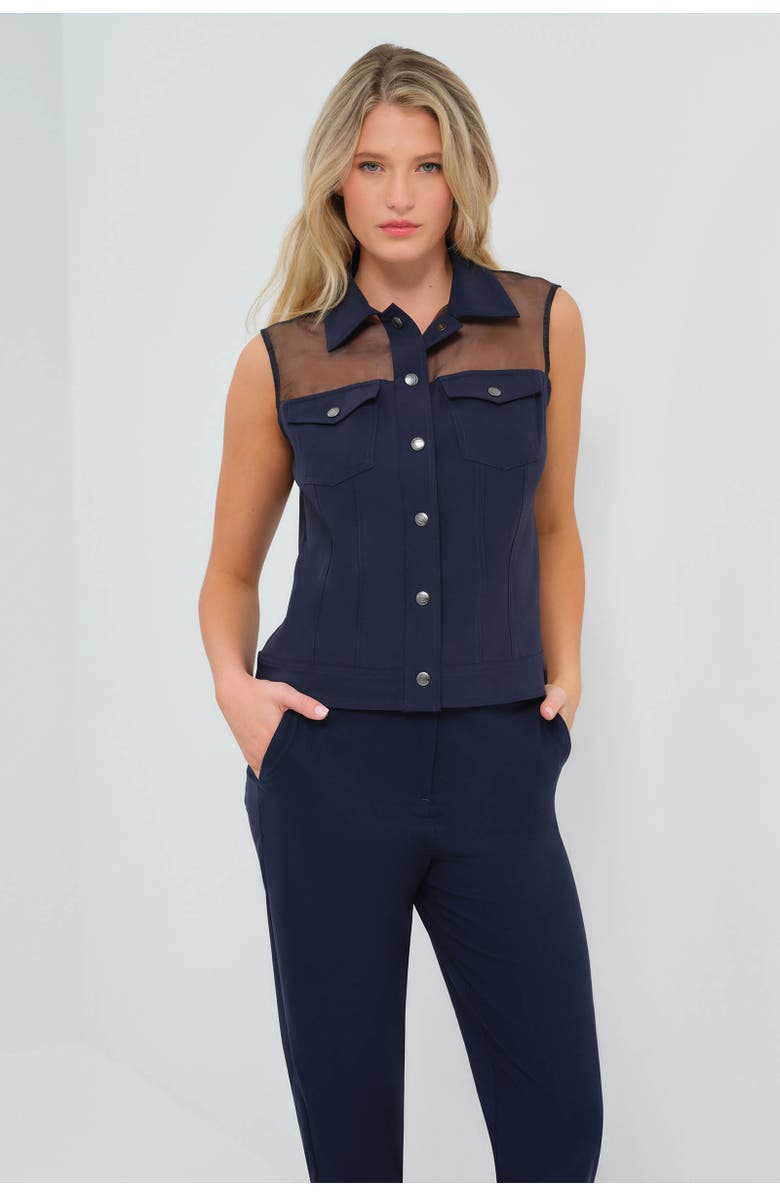 Anatomie Lenox Organza & Performance Twill Sleeveless Trucker Vest, Main, color, Navy