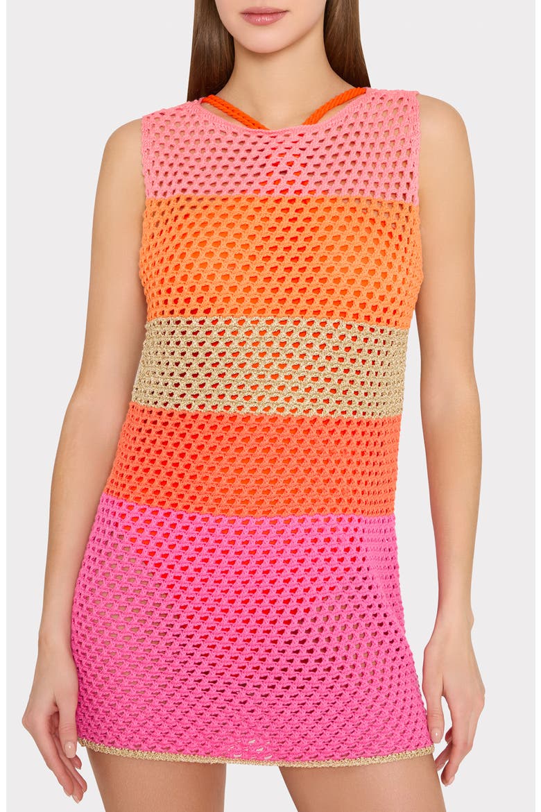 Metallic Stripe Sheer Cotton Blend Open Stitch Cover-Up Minidress, Alternate, color, PINK MULTI